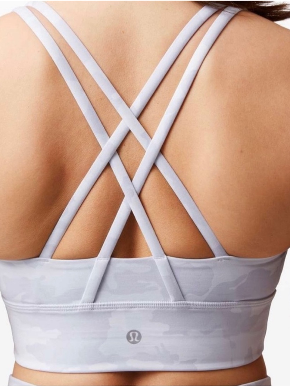 Lululemon Energy Bra Long Line 6 Incognito Camo and White Strappy Sports Bra